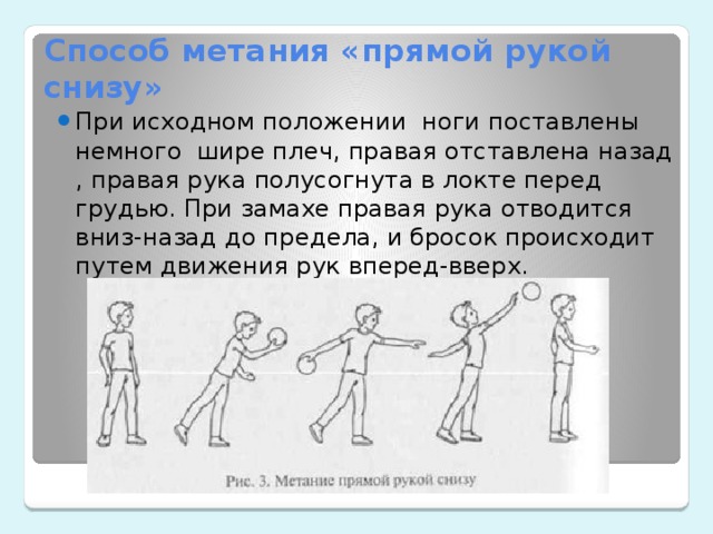 Способ метания «прямой рукой снизу» При исходном положении  ноги поставлены немного  шире плеч, правая отставлена назад , правая рука полусогнута в локте перед грудью. При замахе правая рука отводится вниз-назад до предела, и бросок происходит путем движения рук вперед-вверх.