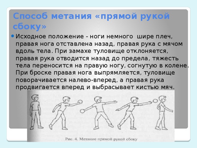 Способ метания «прямой рукой сбоку» Исходное положение - ноги немного  шире плеч, правая нога отставлена назад, правая рука с мячом вдоль тела. При замахе туловище отклоняется, правая рука отводится назад до предела, тяжесть тела переносится на правую ногу, согнутую в колене. При броске правая нога выпрямляется, туловище поворачивается налево-вперед, а правая рука продвигается вперед и выбрасывает кистью мяч.