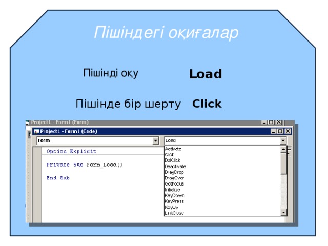 Пішіндегі оқиғалар Пішінді оқу Load Пішінде бір шерту Click  