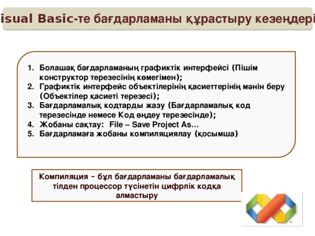 Visual Basic -те бағдарламаны құрастыру кезеңдері : Болашақ бағдарламаның графиктік интерфейсі ( Пішім конструктор терезесінің көмегімен );  Графиктік интерфейс объектілерінің қасиеттерінің мәнін беру ( Объектілер қасиеті терезесі );  Бағдарламалық кодтарды жазу ( Бағдарламалық код терезесінде немесе Код өңдеу терезесінде );  Жобаны сақтау : File – Save Project As…  Бағдарламаға жобаны компиляциялау ( қосымша )  Компиляция – бұл бағдарламаны бағдарламалық тілден процессор түсінетін цифрлік кодқа алмастыру 