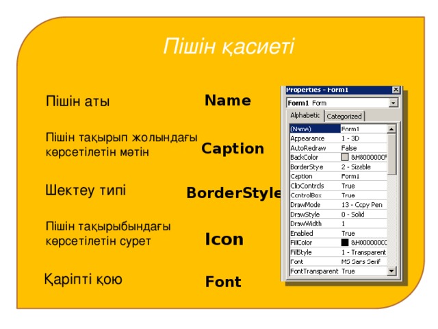 Пішін қасиеті Name Пішін аты Пішін тақырып жолындағы көрсетілетін мәтін Caption Шектеу типі BorderStyle Пішін тақырыбындағы көрсетілетін сурет Icon Қаріпті қою Font  