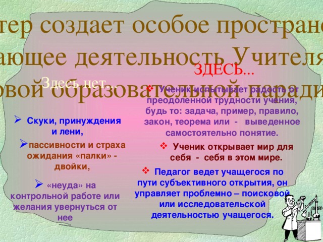 Мастер создает особое пространство,  обеспечивающее деятельность Учителя и Ученика  в новой образовательной парадигме. ЗДЕСЬ... Здесь нет...  Ученик испытывает радость от преодоленной трудности учения, будь то: задача, пример, правило, закон, теорема или - выведенное самостоятельно понятие.  Скуки, принуждения и лени, пассивности и страха ожидания «палки» - двойки,  Ученик открывает мир для себя - себя в этом мире.  Педагог ведет учащегося по пути субъективного открытия, он управляет проблемно – поисковой или исследовательской деятельностью учащегося.  «неуда» на контрольной работе или желания увернуться от нее 