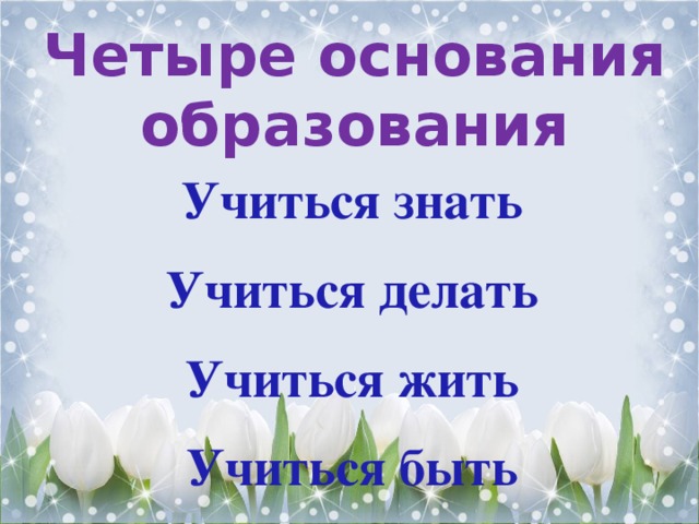 Четыре основания образования Учиться знать Учиться делать Учиться жить Учиться быть 