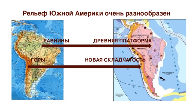 Рельеф Южной Америки очень разнообразен РАВНИНЫ ДРЕВНЯЯ ПЛАТФОРМА ГОРЫ НОВАЯ СКЛАДЧАТОСТЬ 