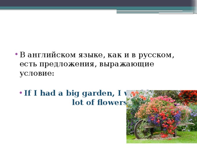 В английском языке, как и в русском, есть предложения, выражающие условие: If I had a big garden, I would grow a lot of flowers. 