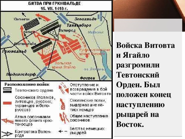   Войска Витовта и Ягайло разгромили Тевтонский Орден. Был положен конец наступлению рыцарей на Восток. 