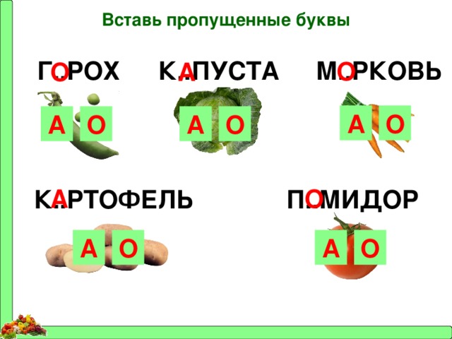 Вставь пропущенные буквы Г..РОХ К..ПУСТА М..РКОВЬ О А О О А А А О О А О К..РТОФЕЛЬ П..МИДОР А О А О 