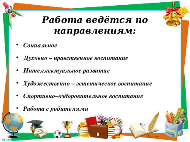 Работа ведётся по направлениям:  Социальное Духовно – нравственное воспитание Интеллектуальное развитие Художественно – эстетическое воспитание Спортивно–оздоровительное воспитание Работа с родителями 