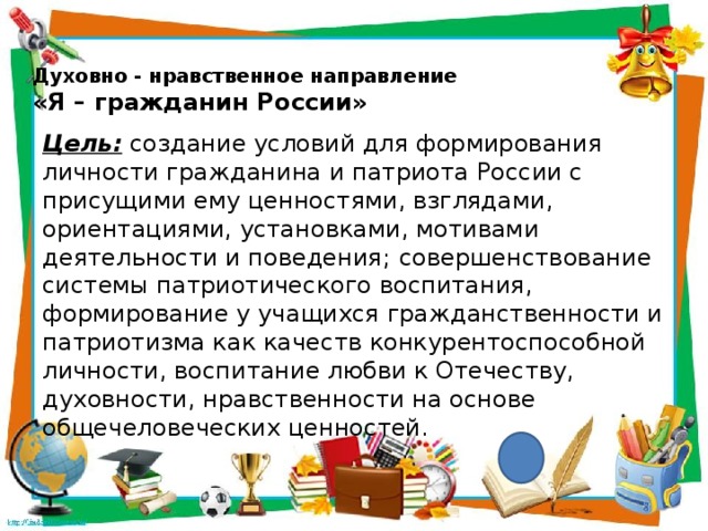 Духовно - нравственное направление  «Я – гражданин России»   Цель: создание условий для формирования личности гражданина и патриота России с присущими ему ценностями, взглядами, ориентациями, установками, мотивами деятельности и поведения;  совершенствование системы патриотического воспитания, формирование у учащихся гражданственности и патриотизма как качеств конкурентоспособной личности, воспитание любви к Отечеству, духовности, нравственности на основе общечеловеческих ценностей. 