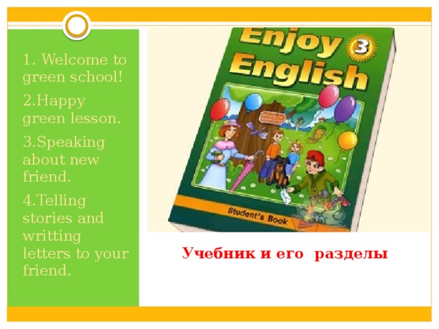 1. Welcome to green school! 2.Happy green lesson. 3.Speaking about new friend. 4.Telling stories and writting letters to your friend. Учебник и его разделы 