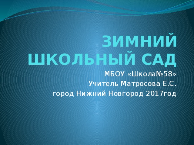 ЗИМНИЙ ШКОЛЬНЫЙ САД МБОУ «Школа№58» Учитель Матросова Е.С. город Нижний Новгород 2017год 