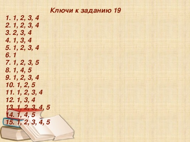  Ключи к заданию 19 1. 1, 2, 3, 4 2. 1, 2, 3, 4 3. 2, 3, 4 4. 1, 3, 4 5. 1, 2, 3, 4 6. 1 7. 1, 2, 3, 5 8. 1, 4, 5 9. 1, 2, 3, 4 10. 1, 2, 5 11. 1, 2, 3, 4 12. 1, 3, 4 13. 1, 2, 3, 4, 5 14. 1, 4, 5 15. 1, 2, 3, 4, 5    