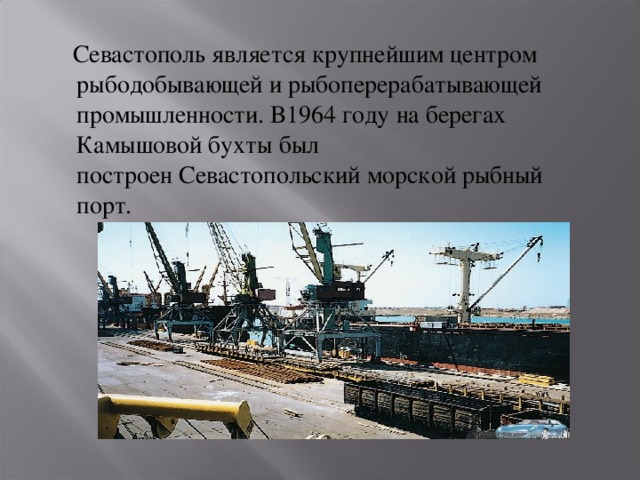  Севастополь является крупнейшим центром рыбодобывающей и рыбоперерабатывающей промышленности. В1964 году на берегах Камышовой бухты был построен Севастопольский морской рыбный порт. 