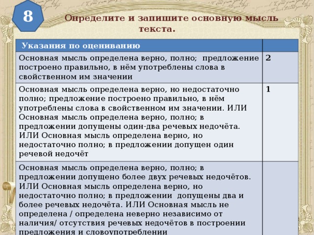 8  Определите и запишите основную мысль текста.  Указания по оцениванию Основная мысль определена верно, полно; предложение построено правильно, в нём употреблены слова в свойственном им значении 2 Основная мысль определена верно, но недостаточно полно; предложение построено правильно, в нём употреблены слова в свойственном им значении. ИЛИ Основная мысль определена верно, полно; в предложении допущены один-два речевых недочёта. ИЛИ Основная мысль определена верно, но недостаточно полно; в предложении допущен один речевой недочёт 1 Основная мысль определена верно, полно; в предложении допущено более двух речевых недочётов. ИЛИ Основная мысль определена верно, но недостаточно полно; в предложении допущены два и более речевых недочёта. ИЛИ Основная мысль не определена / определена неверно независимо от наличия/ отсутствия речевых недочётов в построении предложения и словоупотреблении Максимальный балл 2 