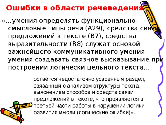  Ошибки в области речеведения   «…умения определять функционально-смысловые типы речи (А29), средства связи предложений в тексте (В7), средства выразительности (В8) служат основой важнейшего коммуникативного умения — умения создавать связное высказывание при построении логически цельного текста… остаётся недостаточно усвоенным раздел, связанный с анализом структуры текста, выяснением способов и средств связи предложений в тексте, что проявляется в третьей части работы в нарушении логики развития мысли (логические ошибки)». 