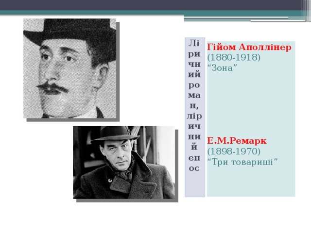 Ліричний роман, ліричний епос Гійом Аполлінер (1880-1918) “ Зона” Е.М.Ремарк (1898-1970) “ Три товариші” 