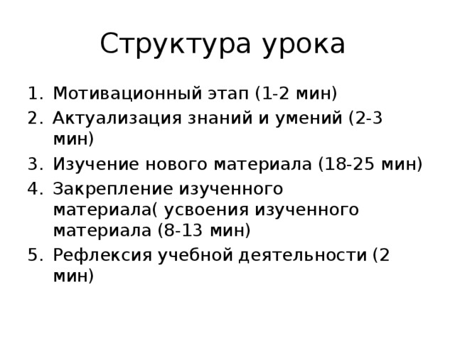 Структура урока Мотивационный этап (1-2 мин) Актуализация знаний и умений (2-3 мин) Изучение нового материала (18-25 мин) Закрепление изученного материала( усвоения изученного материала (8-13 мин) Рефлексия учебной деятельности (2 мин) 