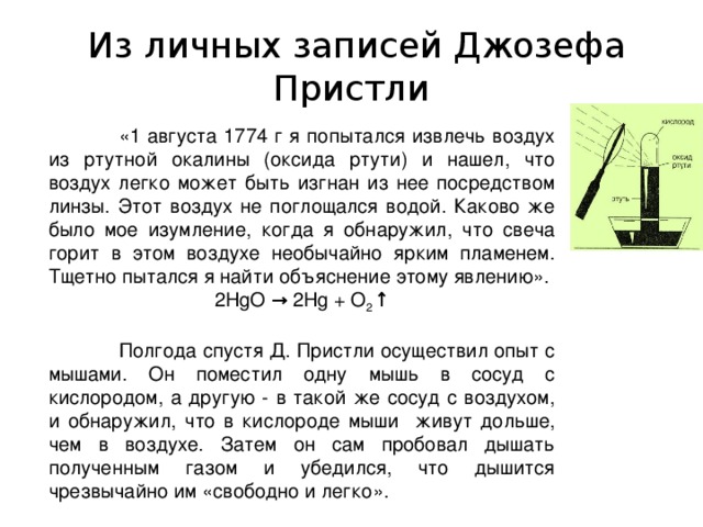 Кислород легче воздуха. Опыт Джозефа Пристли ртуть. Опыт Пристли получение кислорода. Получение кислорода Джозеф Пристли. Опыт Пристли оксид ртути.