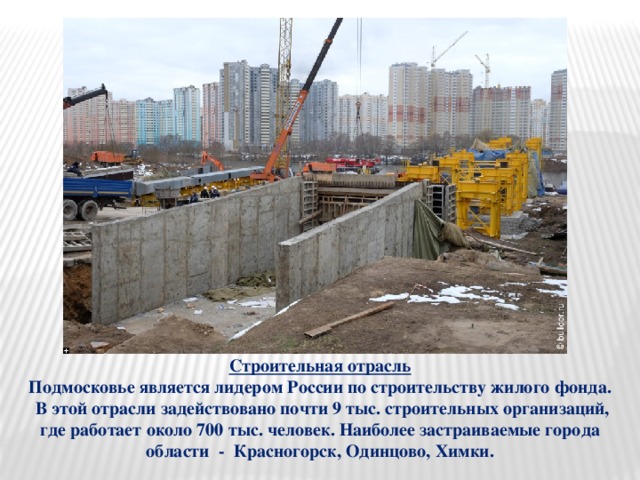Строительная отрасль Подмосковье является лидером России по строительству жилого фонда.  В этой отрасли задействовано почти 9 тыс. строительных организаций, где работает около 700 тыс. человек. Наиболее застраиваемые города области - Красногорск, Одинцово, Химки. 