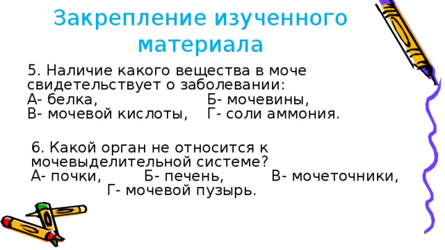 Закрепление изученного материала 5. Наличие какого вещества в моче свидетельствует о заболевании: А- белка, Б- мочевины, В- мочевой кислоты, Г- соли аммония. 6. Какой орган не относится к мочевыделительной системе? А- почки, Б- печень, В- мочеточники,  Г- мочевой пузырь.