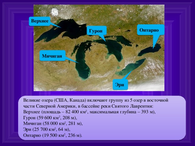 Верхнее Онтарио Гурон Мичиган Эри Великие озера (США, Канада) включают группу из 5 озер в восточной части Северной Америки, в бассейне реки Святого Лаврентия: Верхнее (площадь – 82 400 км 2 , максимальная глубина – 393 м), Гурон (59 600 км 2 , 208 м), Мичиган (58 000 км 2 , 281 м), Эри (25 700 км 2 , 64 м), Онтарио (19 500 км 2 , 236 м). 