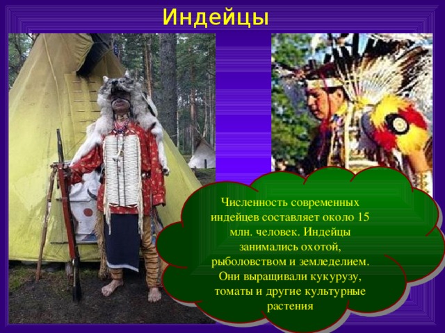 Индейцы Численность современных индейцев составляет около 15 млн. человек. Индейцы занимались охотой, рыболовством и земледелием. Они выращивали кукурузу, томаты и другие культурные растения 