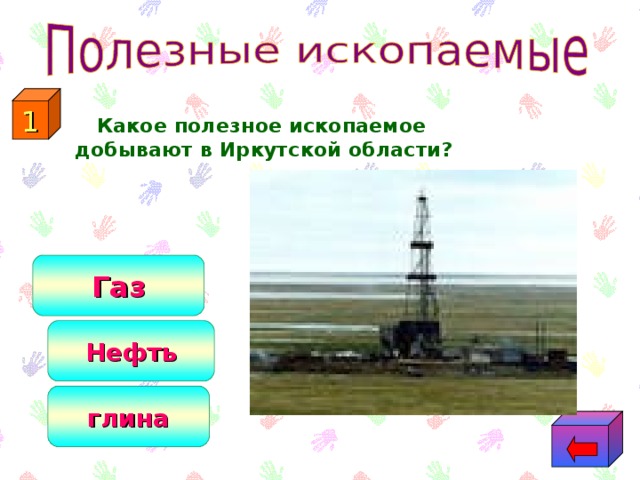 1  Какое полезное ископаемое добывают в Иркутской области? Газ Нефть глина 