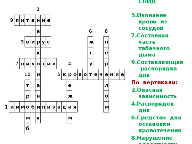По горизонтали: 1.Обездвиживание 3. Возбудитель СПИД 5.Излияние крови из сосудов 7.Составная часть табачного дыма 9.Составляющая распорядка дня По вертикали: 2.Опасная зависимость 4.Распорядок дня 6.Средство для остановки кровотечения 8.Нарушение целостности кости 10.Он закупоривает сосуд 9 п и т а 2 3 н в 7 и а н и р и е 1 10 и к у к т о с м р м т м а и о н б м н б и 5 я л к и 4 6 р з ж о е а в г ц ж 8 у о и т п я м е е ч р е л н о и е м 2 9 6 8 3 7 4 10 5 1 