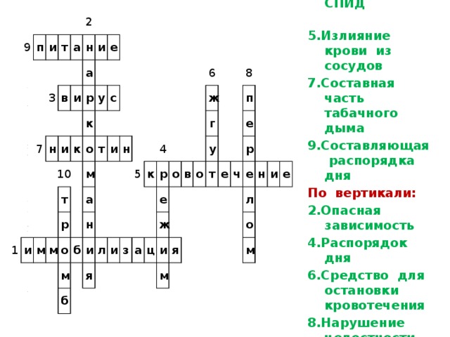 По горизонтали: 1.Обездвиживание 3. Возбудитель СПИД 5.Излияние крови из сосудов 7.Составная часть табачного дыма 9.Составляющая распорядка дня По вертикали: 2.Опасная зависимость 4.Распорядок дня 6.Средство для остановки кровотечения 8.Нарушение целостности кости 10.Он закупоривает сосуд 9 п и т а 2 3 н в 7 и а н и р и е 1 10 и к у к т о с м р м т м а и о н б м н б и 5 я л к и 4 6 р з ж о е а в г ц ж 8 у о и т п я м е е ч р е л н о и е м 2 9 6 8 3 7 4 10 5 1 