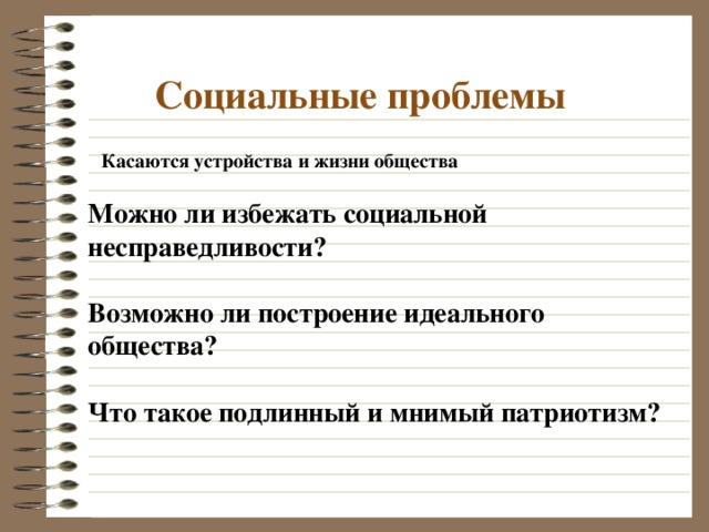 Социальные проблемы Касаются устройства и жизни общества Можно ли избежать социальной несправедливости?  Возможно ли построение идеального общества?  Что такое подлинный и мнимый патриотизм? 
