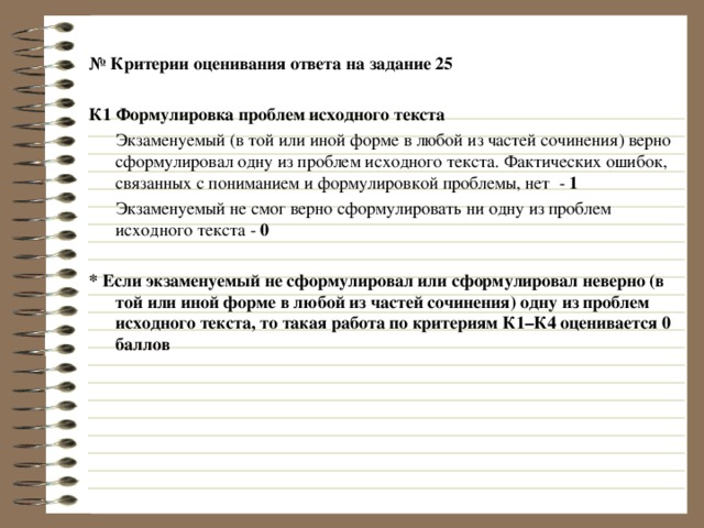 № Критерии оценивания ответа на задание 25  К1 Формулировка проблем исходного текста  Экзаменуемый (в той или иной форме в любой из частей сочинения) верно сформулировал одну из проблем исходного текста. Фактических ошибок, связанных с пониманием и формулировкой проблемы, нет - 1   Экзаменуемый не смог верно сформулировать ни одну из проблем исходного текста - 0 * Если экзаменуемый не сформулировал или сформулировал неверно (в той или иной форме в любой из частей сочинения) одну из проблем исходного текста, то такая работа по критериям К1–К4 оценивается 0 баллов 