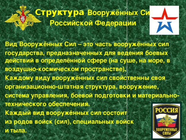 Структура армии РФ. Виды Вооруженных сил. Вооруженные силы РФ презентация.