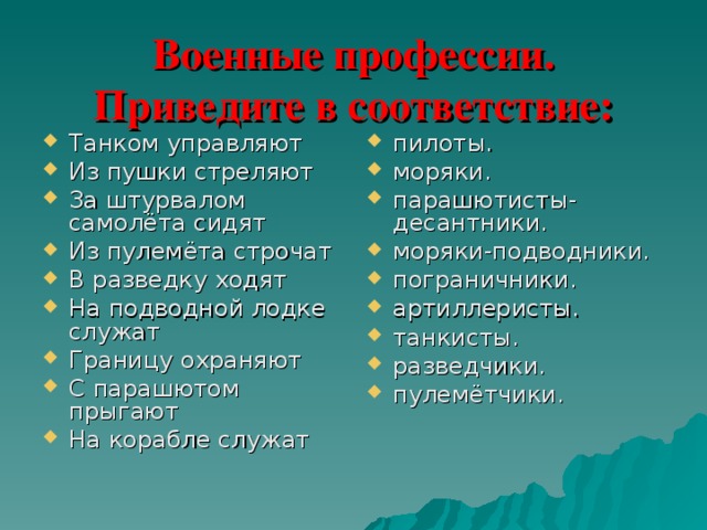 Привести в соответствие. Военные специальности список. Перечень военных профессий. Военные профессии список специальностей. Профессии в армии список.