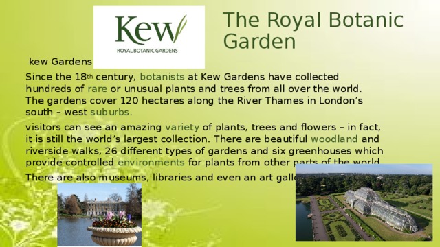 The Royal Botanic Garden  kew Gardens Since the 18 th century, botanists at Kew Gardens have collected hundreds of rare or unusual plants and trees from all over the world. The gardens cover 120 hectares along the River Thames in London’s south – west suburbs. visitors can see an amazing variety of plants, trees and flowers – in fact, it is still the world’s largest collection. There are beautiful woodland and riverside walks, 26 different types of gardens and six greenhouses which provide controlled environments for plants from other parts of the world. There are also museums, libraries and even an art gallery. 