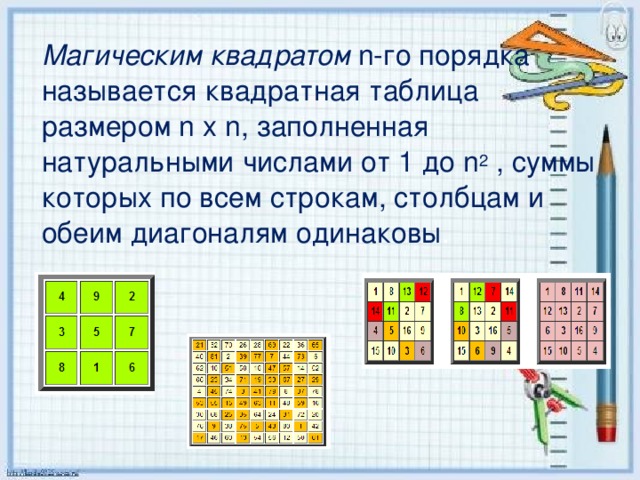 Магическим квадратом n-го порядка называется квадратная таблица размером n х n, заполненная натуральными числами от 1 до n 2 , суммы которых по всем строкам, столбцам и обеим диагоналям одинаковы .