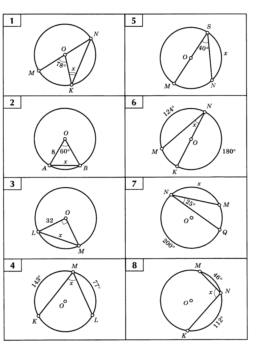 Задачи на готовых чертежах 8 класс геометрия центральные и вписанные углы