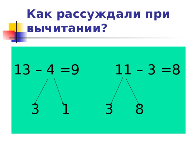 Как рассуждали при вычитании? 13 – 4 =9 11 – 3 =8  3 1 3 8 