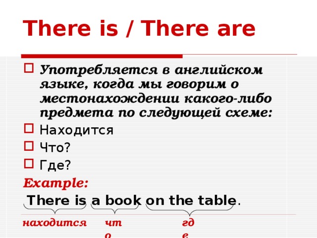 There is / There are Употребляется в английском языке, когда мы говорим о местонахождении какого-либо предмета по следующей схеме: Находится Что? Где? Example:  There is a book on the table . находится что где 