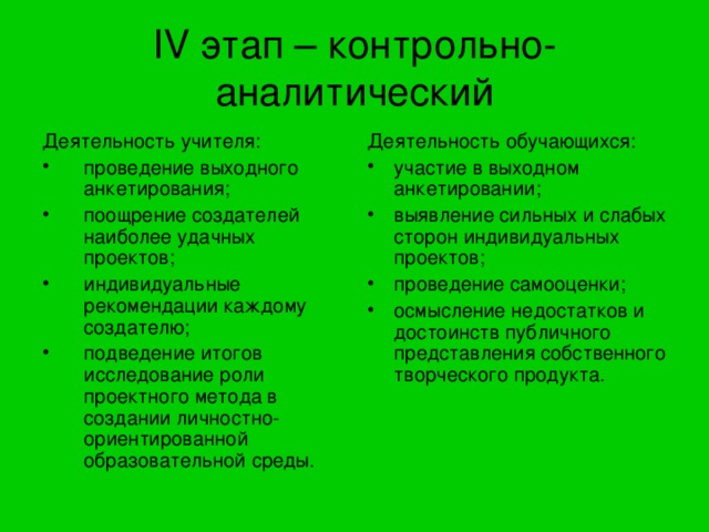 IV этап – контрольно-аналитический Деятельность учителя: Деятельность обучающихся: проведение выходного анкетирования; поощрение создателей наиболее удачных проектов; индивидуальные рекомендации каждому создателю; подведение итогов исследование роли проектного метода в создании личностно-ориентированной образовательной среды. участие в выходном анкетировании; выявление сильных и слабых сторон индивидуальных проектов; проведение самооценки; осмысление недостатков и достоинств публичного представления собственного творческого продукта. 