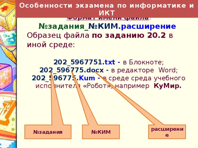 Особенности экзамена по информатике и ИКТ  Формат имени файла : № КИМ _ №задания .расширение  Образец файла по заданию 19  в Microsoft Excel: 5967759_ 19 .xls.  ( 596775_ 19 .xlsx )  расширение № КИМ № задания 