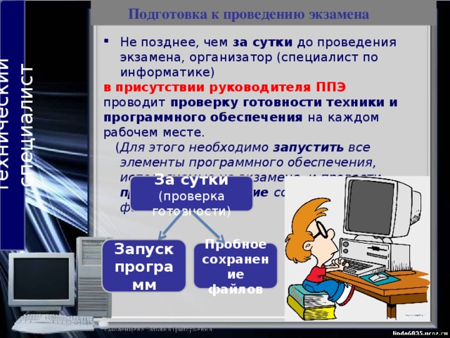 Технический специалист Подготовка к проведению экзамена  Версии используемого программного обеспечения  должны быть привычны для участников экзамена . Подготовка к проведению экзамена освободить Рабочий стол компьютера от программ и ярлыков, не используемых на экзамене; создать директорию для размещения материалов экзамена (файлов заданий и файлов ответов участника ОГЭ) – рабочую директорию. Технический специалист блокирует на физическом уровне выход в Интернет и в локальную сеть; освобождает Рабочий стол компьютера от программ и ярлыков, не используемых на экзамене; 