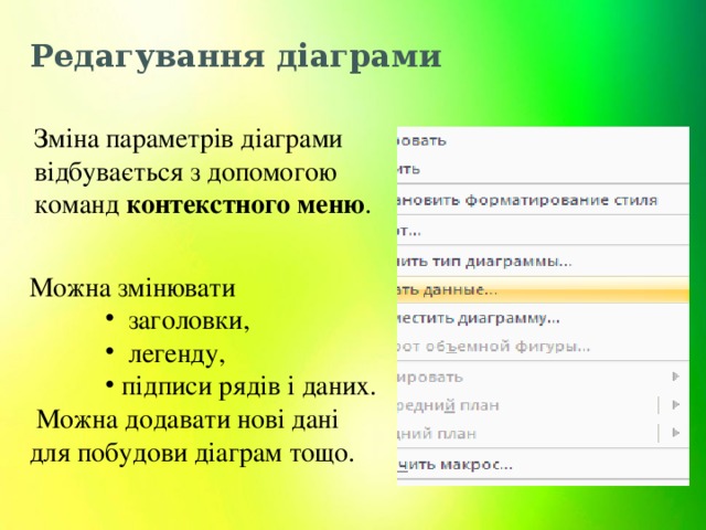 Редагування діаграми Зміна параметрів діаграми відбувається з допомогою команд контекстного меню . Можна змінювати  заголовки,  легенду,  підписи рядів і даних.  Можна додавати нові дані для побудови діаграм тощо. 