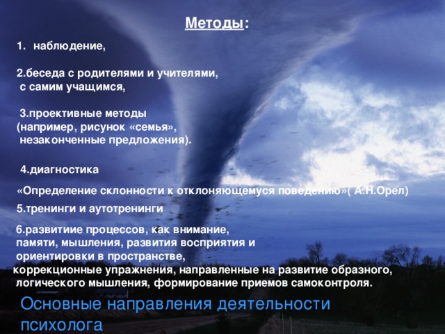 Методы :  наблюдение,  2.беседа с родителями и учителями,  с самим учащимся,   3.проективные методы (например, рисунок «семья»,  незаконченные предложения). 4.диагностика «Определение склонности к отклоняющемуся поведению»( А.Н.Орел) 5.тренинги и аутотренинги   6.развитиие процессов, как внимание,  памяти, мышления, развития восприятия и  ориентировки в пространстве, коррекционные упражнения, направленные на развитие образного,  логического мышления, формирование приемов самоконтроля.    Основные направления деятельности психолога  