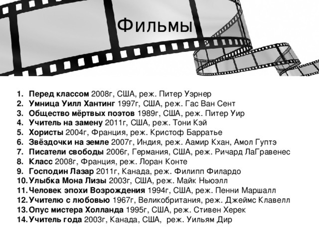 Фильмы Перед классом 2008г, США, реж. Питер Уэрнер Умница Уилл Хантинг 1997г, США, реж. Гас Ван Сент Общество мёртвых поэтов 1989г, США, реж. Питер Уир Учитель на замену 2011г, США, реж. Тони Кэй Хористы 2004г, Франция, реж. Кристоф Барратье Звёздочки на земле 2007г, Индия, реж. Аамир Кхан, Амол Гуптэ Писатели свободы 2006г, Германия, США, реж. Ричард ЛаГравенес Класс 2008г, Франция, реж. Лоран Конте Господин Лазар 2011г, Канада, реж. Филипп Филардо Улыбка Мона Лизы 2003г, США, реж. Майк Ньюэлл Человек эпохи Возрождения 1994г, США, реж. Пенни Маршалл Учителю с любовью 1967г, Великобритания, реж. Джеймс Клавелл Опус мистера Холланда 1995г, США, реж. Стивен Херек Учитель года 2003г, Канада, США, реж. Уильям Дир  