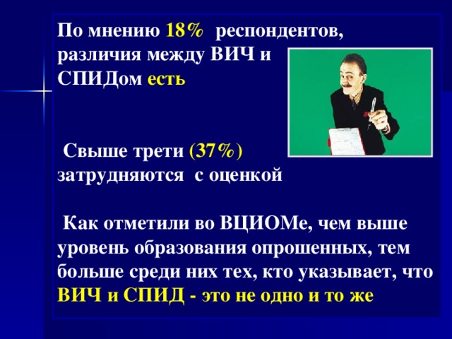По мнению 18% респондентов, различия между ВИЧ и СПИДом есть    Свыше трети (37%) затрудняются с оценкой   Как отметили во ВЦИОМе, чем выше уровень образования опрошенных, тем больше среди них тех, кто указывает, что ВИЧ и СПИД - это не одно и то же  