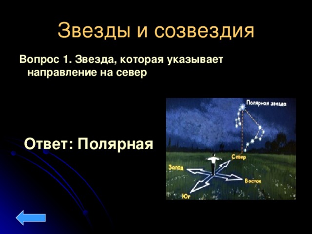 Звезды и созвездия Вопрос 1. Звезда, которая указывает направление на север Ответ: Полярная