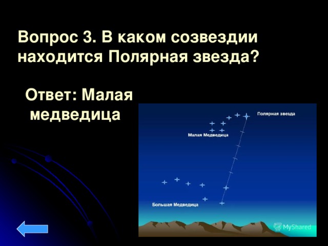 Вопрос 3. В каком созвездии находится Полярная звезда?  Ответ: Малая  медведица