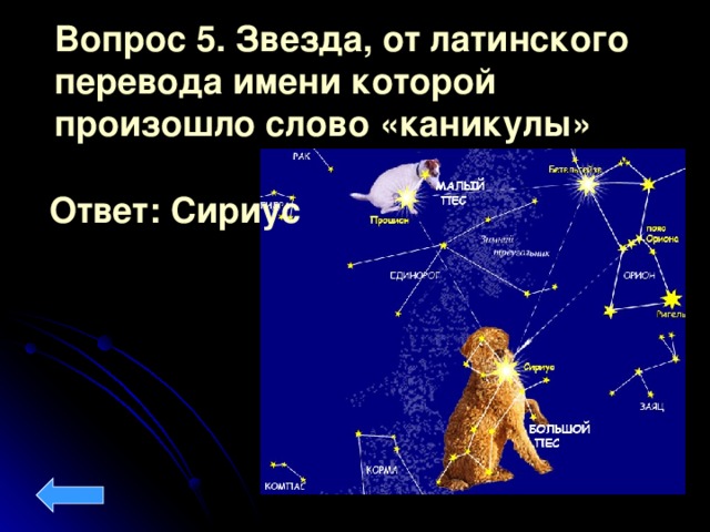 Вопрос 5. Звезда, от латинского перевода имени которой произошло слово «каникулы»  Ответ: Сириус