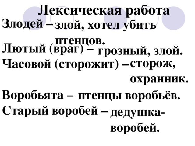 Лексическая работа Злодей –  Лютый (враг) – Часовой (сторожит) –  Воробьята – Старый воробей – злой, хотел убить птенцов. грозный, злой. сторож, охранник. птенцы воробьёв. дедушка- воробей. 