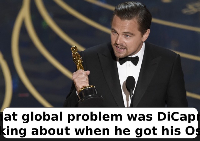 What global problem was DiCaprio speaking about when he got his Oscar ?  